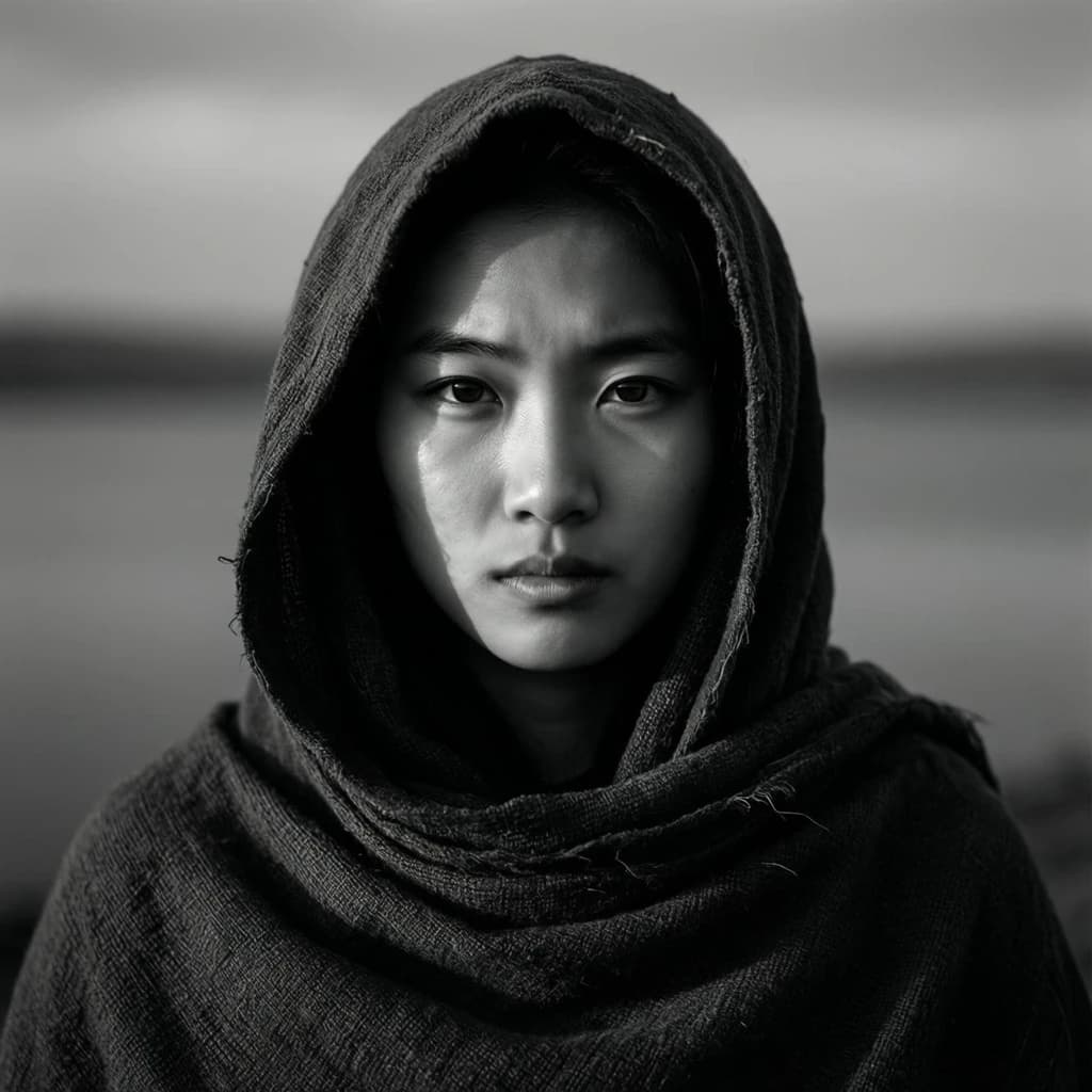 A dramatic black-and-white portrait of a young person draped in a hooded garment, their face framed by the hood's dark folds. Their skin tone and the subtle sheen on their cheeks create striking tonal contrast against the deep shadows. Their eyes are piercing, looking directly into the lens with a calm, steady intensity—neither confrontational nor submissive, but deeply present. The texture of the fabric is visible: it's dense, slightly weathered, and whisper-thin creases catch the light. In the background, an expansive, out-of-focus landscape suggests open space—perhaps distant plains or water—though the details remain soft and abstract. The overall mood is silent yet powerful, poised between vulnerability and resilience, with every highlight and shadow telling part of their story.