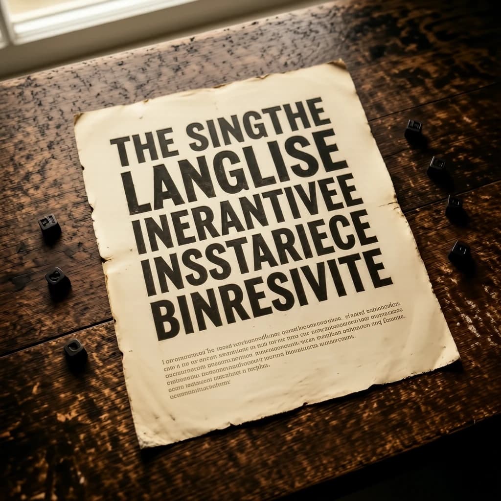A vintage letterpress poster on a wooden desk: bold slab serif headline, tight kerning, misregistered ink, slightly worn edges, scattered metal type, soft window light.