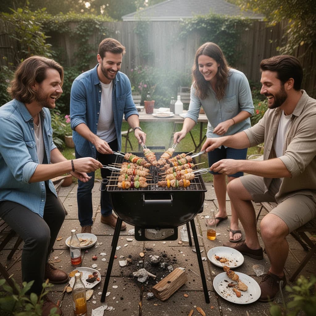 Friends grill skewers on a slightly messy patio.