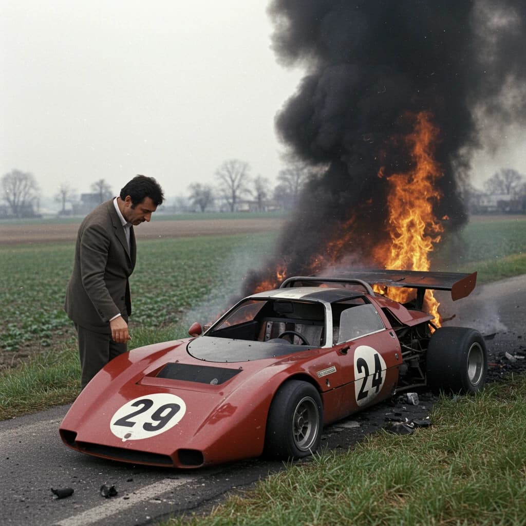 Mario examines the still smouldering wreck of the crash that took his best driver on the side of the country road. He designed this car and caused this. 3 days have passed since the crash. It's 1973 in Northern Italy.