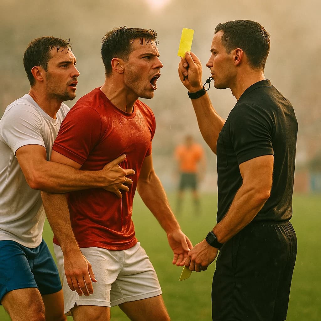 The soccer player clashes with the ref. It is thick and humid and the heat is getting to the players. His friend tries to pull him off before he causes any more trouble.