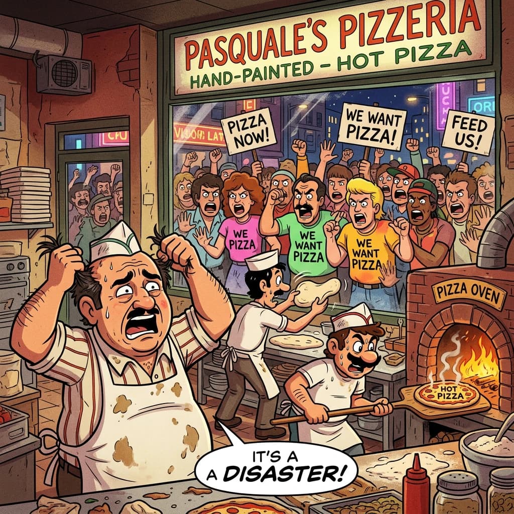 Pasquale is pulling his few remaining hairs out over a disaster at the pizzeria - the cooks are working as fast as they can but the crowds outside are swelling and they demand hot hot pizza! They are banging on the glass and some are wearing "we want pizza" shirts. 1980s western TV animation style.