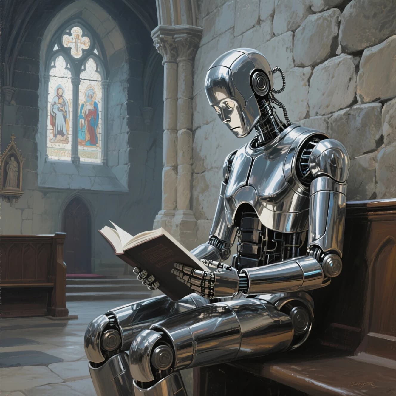 Oil painting of a chrome android reading in a stone chapel, a bit somber.