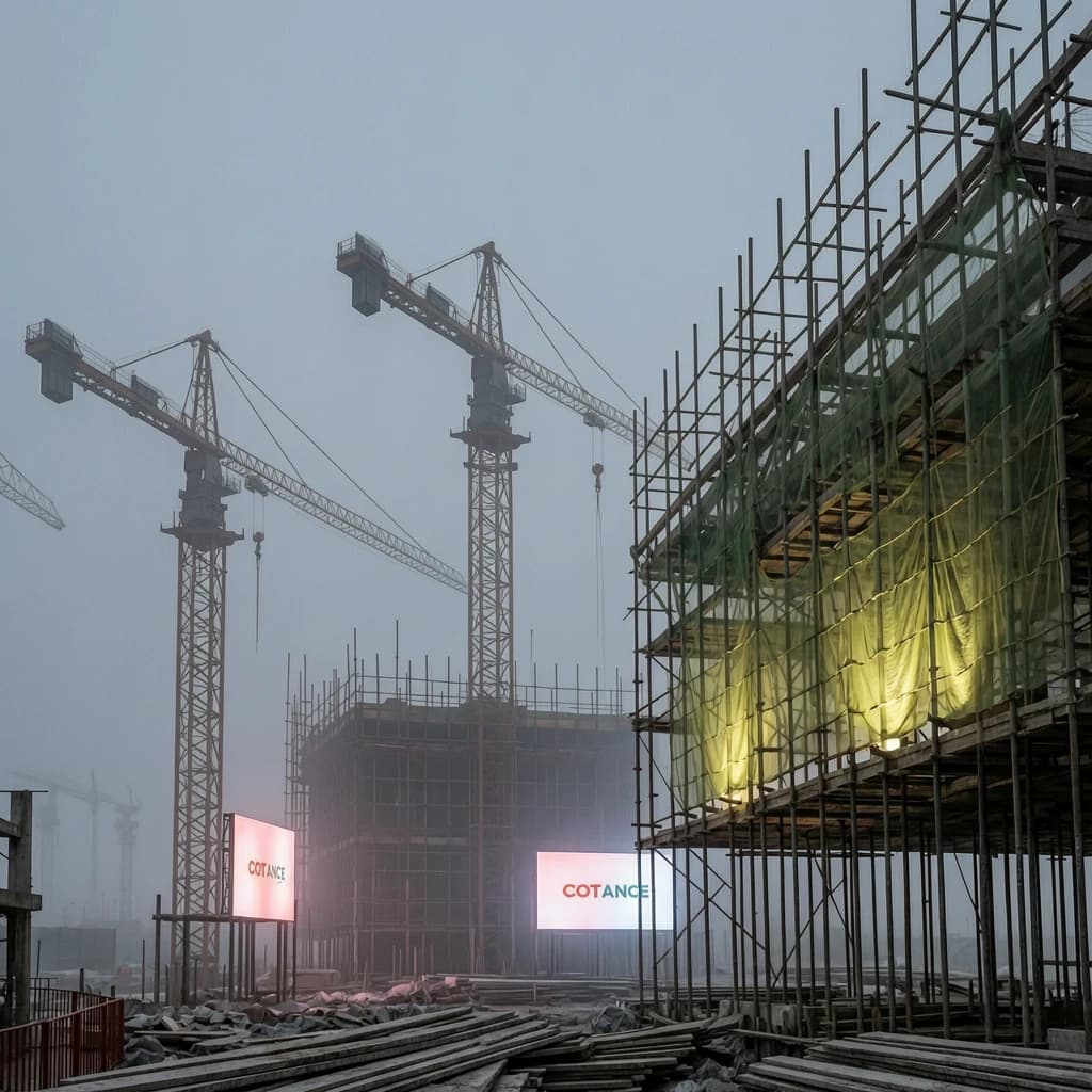 A construction site stretched upward into fog, cranes frozen in silhouette. Wind rattled scaffolding draped with torn mesh that glowed faintly from nearby billboards