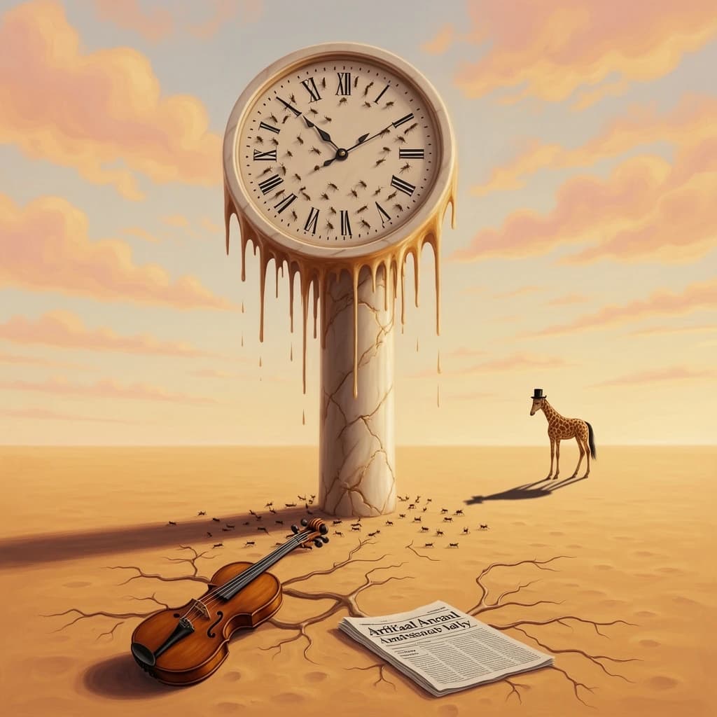 A vast desert plain stretches endlessly under a sky streaked with pale pink and ochre clouds. In the center stands a colossal clock, its face drooping and melting over the edge of a broken marble column. Ants swarm across its warped surface, glinting in the harsh sunlight. To the right, a horse with a giraffe like neck wearing a top hat strides toward the horizon, its shadow stretching miles across the sand. A cracked violin lies half-buried in the foreground, strings snapping outward like veins. Painted in the dreamlike surrealist style. A newspaper named the "Artificial Analysis Daily" lies on the Floor.