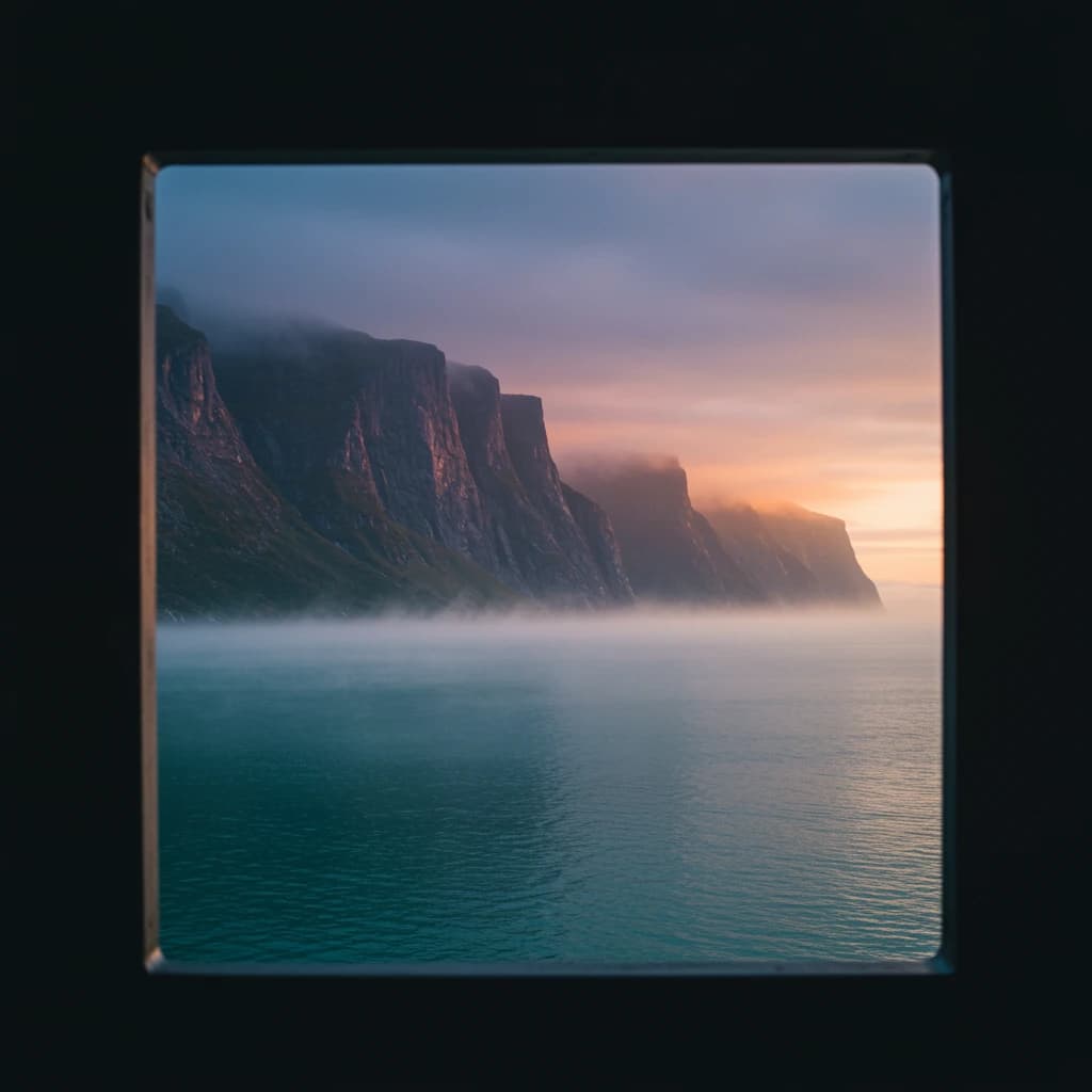 Frame a foggy fjord at sunrise, cliffs looming.