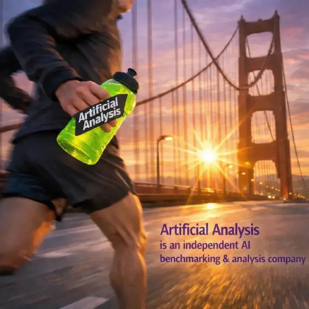 A runner dashes across the Golden Gate Bridge at dawn, sunlight streaming between cables. In their hand, they carry a neon-green sports drink with the brand name Artificial Analysis splashed boldly across the bottle. Motion blur emphasizes speed, while crisp purple sans serif typography overlays the bottom right of the scene with the tagline: Artificial Analysis is an independent AI benchmarking & analysis company
