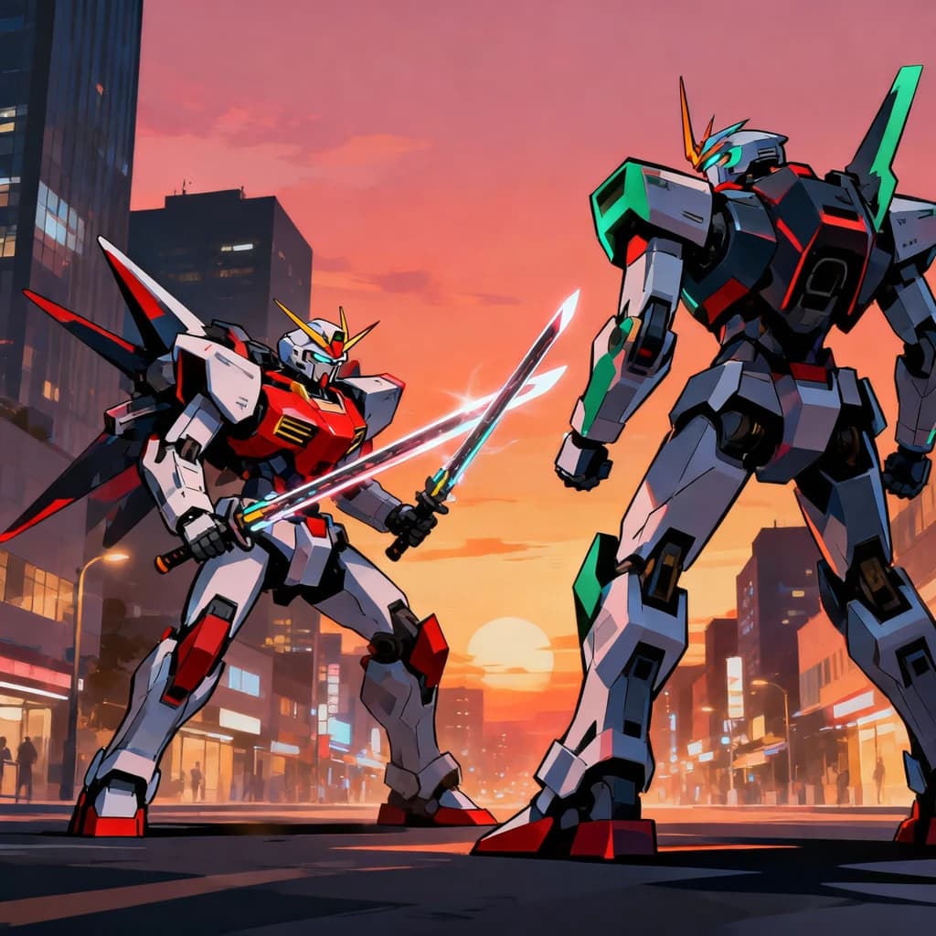 Make a cel-shaded mecha duel at dusk downtown.
