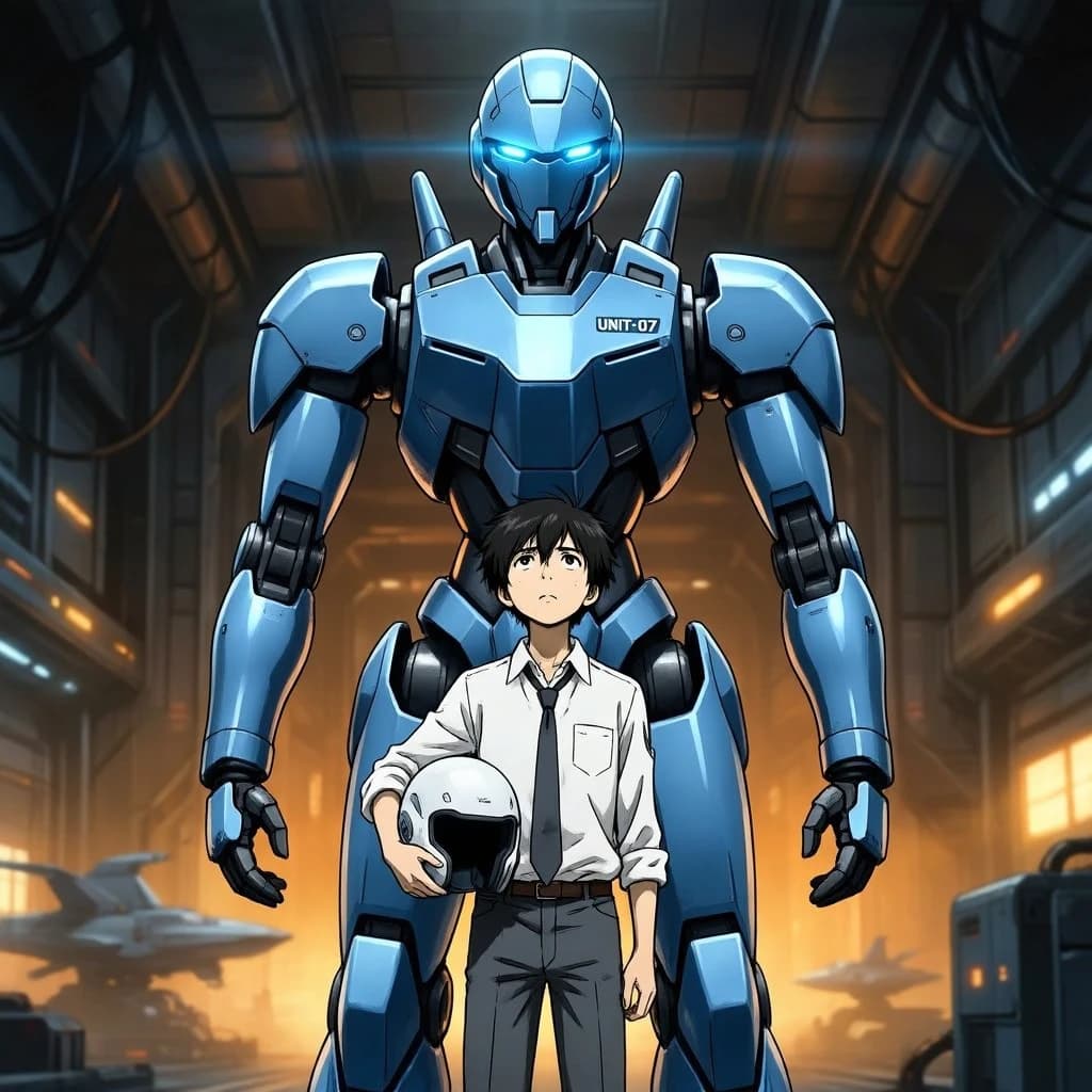 A teenage pilot grips his helmet under one arm, standing at the edge of a glowing hangar bay. Before him looms a sleek, steel-blue mech, its eyes lit with a cold electric glare. His school uniform is rumpled, a sharp contrast to the machine’s flawless plating. The vast scale engulfs him in shadow, emphasizing both awe and dread. Hand-drawn anime style.