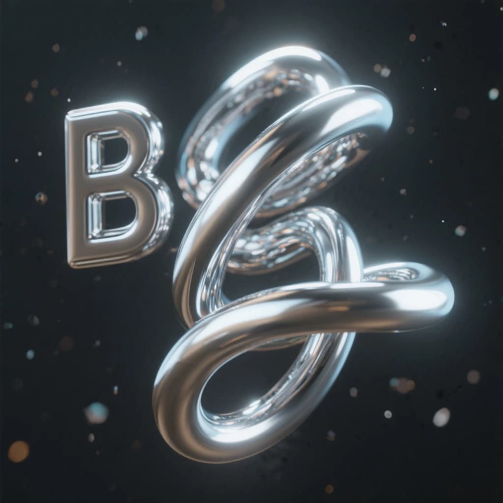 Render chrome 3D letters twisting in midair, soft glow, a bit of grain.