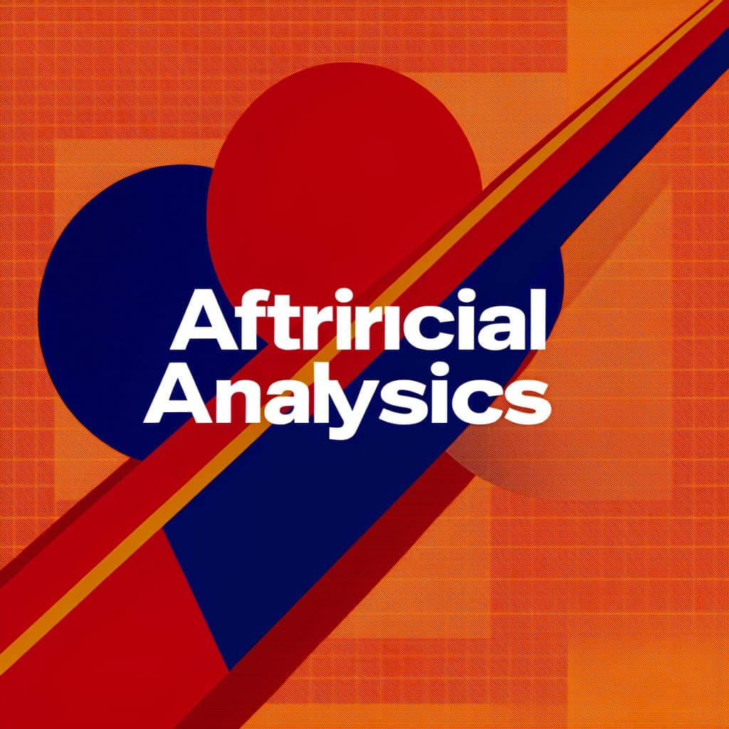 A bold poster composition dominated by flat geometric shapes in crimson, cobalt, and ochre. Overlapping circles and sharp diagonal lines create dynamic tension across the frame. A single sans-serif word — Artificial Analysis — stretches across the center in stark white, distorted slightly as though caught mid-glitch. The background is textured with halftone dots and faint grid lines, while subtle overlays of translucent rectangles suggest depth. Designed in the spirit of modernist Swiss typography fused with digital glitch aesthetics.