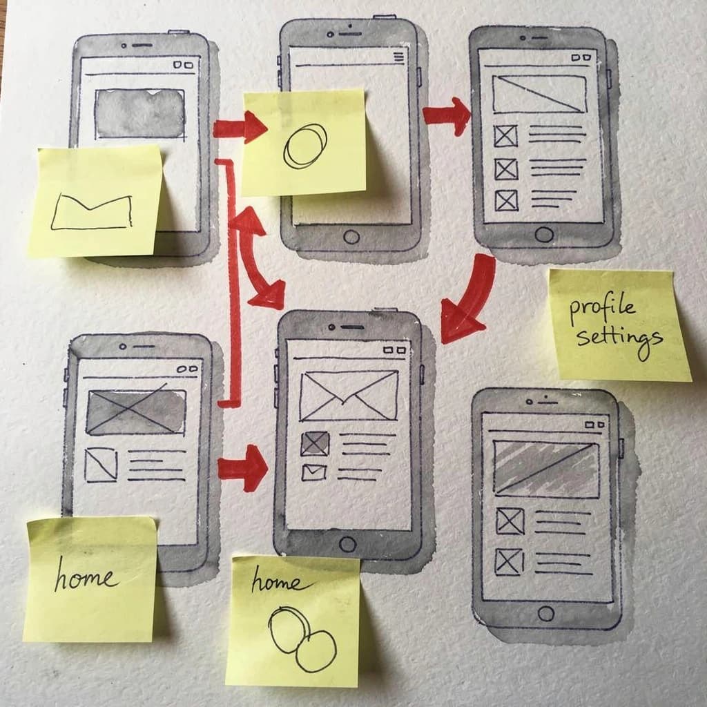 A rough watercolor of hand-drawn app wireframes, sticky notes, and red arrows.