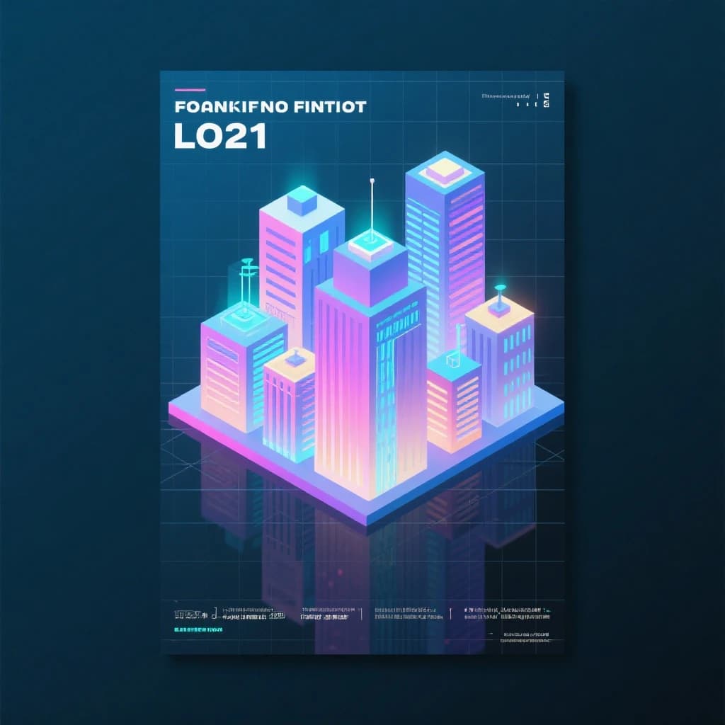 Render an isometric city poster with geometric buildings, neon gradients, gloss highlights, soft AO shadows, clean sans-serif lettering, grid layout, reflections a bit overexposed.