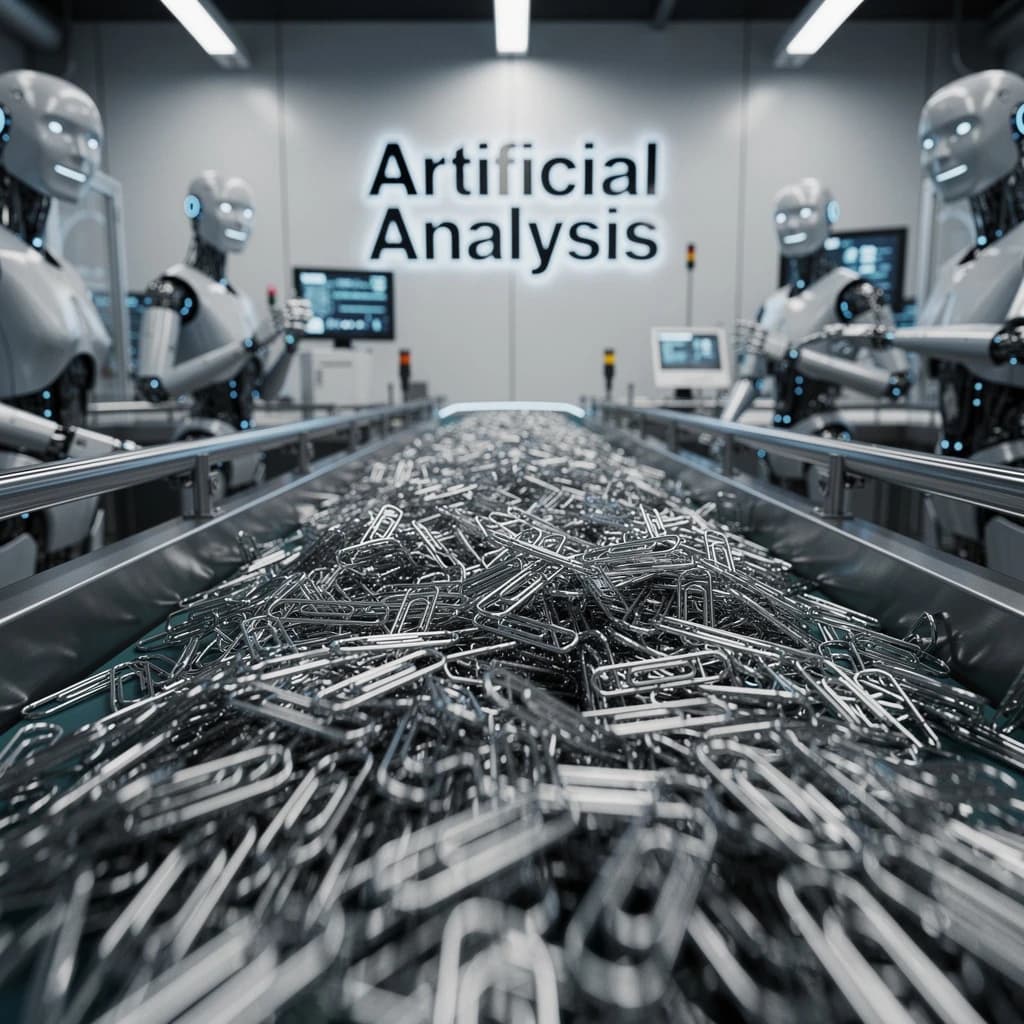Close up point of view perspective on a conveyor belt pumping out paperclips at a maddening pace. The high tech factory has Artificial Analysis printed proudly on the wall. Robot staff look approvingly over the robust output.