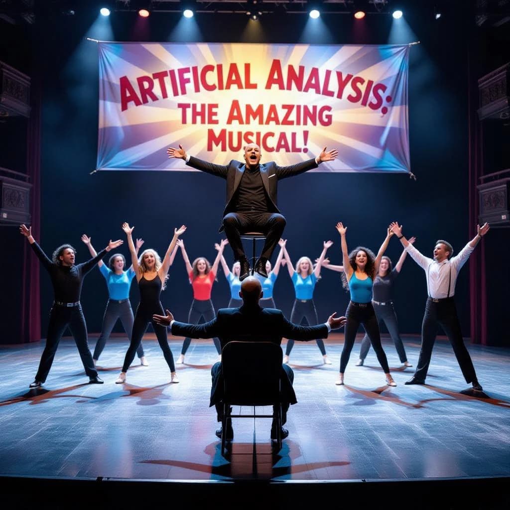 The musical troupe do a rehearsal in a large, empty theatre. 9 people are on the stage, half wear black and the others wear blue. The skinny bald director, seated in the second row, is practically leaping out of their seat with excitement as the leads nail their aerial. A giant banner reading "Artificial Analysis: The Amazing Musical!" is behind the actors.
