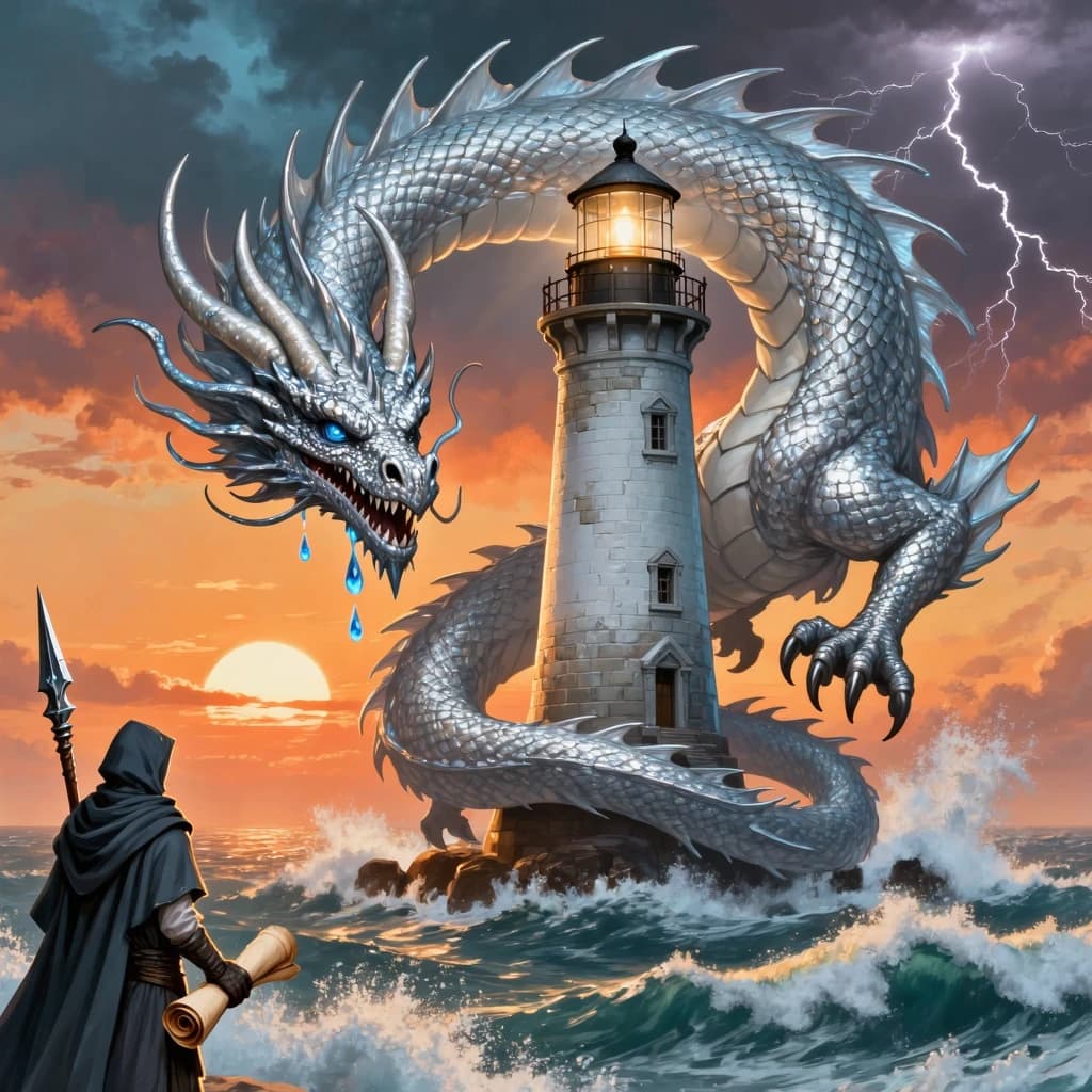 A dragon of molten silver coils around a lighthouse. The storming sea below crashes upward in frozen stillness, as though caught mid-motion. The dragon’s molten eyes drip tears of ice. On the horizon, two suns set next to each other, casting orange light on one side of the tower and blue on the other. A cloaked traveler carries an ancient weapon in his left hand and a scroll in his right.