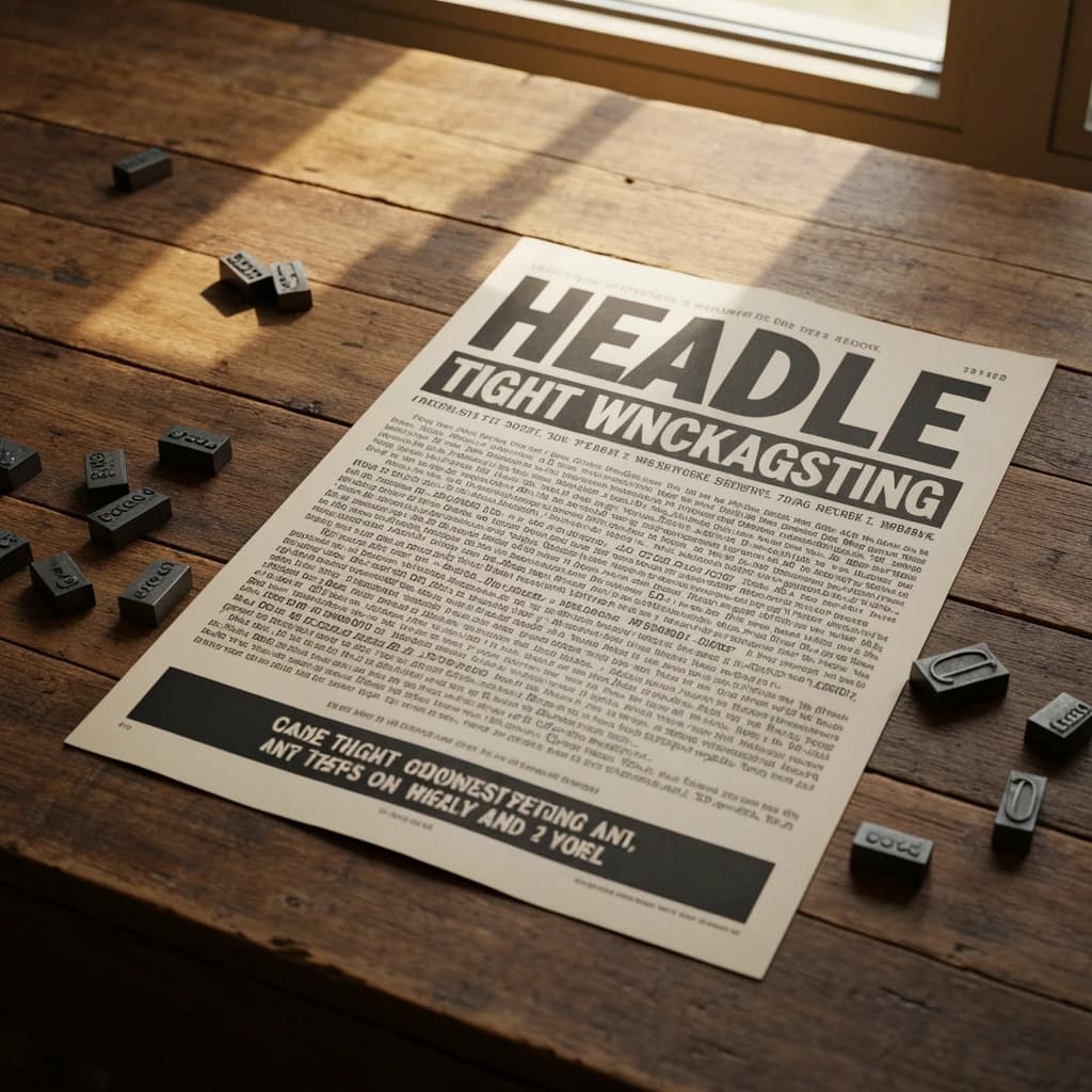 A vintage letterpress poster on a wooden desk: bold slab serif headline, tight kerning, misregistered ink, slightly worn edges, scattered metal type, soft window light.