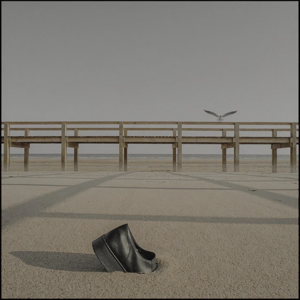 The beach is flat, sand beige, granular, no shells, except for a single left shoe, black leather, size eleven, half buried at an angle. The pier extends straight into the water, wood untreated, grain visible, though the support posts vanish before they touch the surface. The sky is uniformly gray, no clouds, yet shadows stretch at sharp diagonals. A single gull sits on the railing, wings outstretched, frozen mid-flap, no movement.