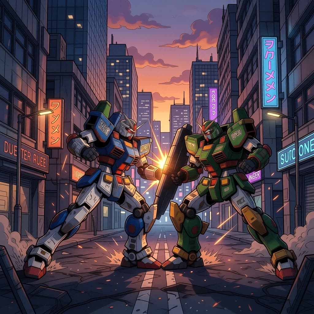 Make a cel-shaded mecha duel at dusk downtown.