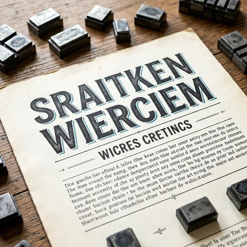 A vintage letterpress poster on a wooden desk: bold slab serif headline, tight kerning, misregistered ink, slightly worn edges, scattered metal type, soft window light.