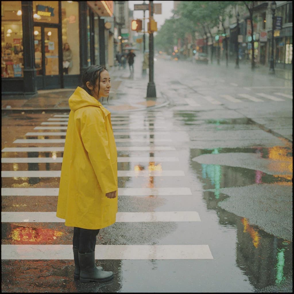 A sunlit city street after rain; puddles mirror neon signs as a woman in a yellow raincoat waits at a crosswalk, soft mist, 50mm look, natural tones, a bit of film grain.
