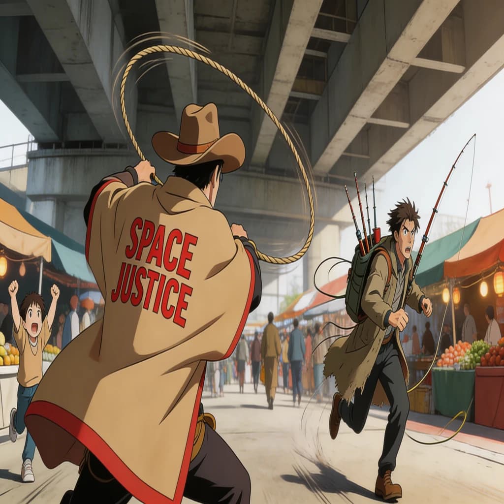 The space cowboy chases the deranged fisherman underneath the causeway, eager to collect on his bounty. Fishing rods and lines hang off the back off the fishermen as he darts between the bustling market crowd. We see the back of the space cowboy in his space poncho emblazoned with the words SPACE JUSTICE, spinning his lasso over his head. A child on the sidelines excitedly cheers the cowboy. 1990s hand drawn anime style with strong fluidity