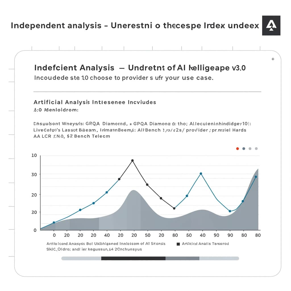 On a white dashboard with thin gray dividers, place a centered header in Helvetica Neue Bold, 20pt: “Independent analysis of AI - Understand the AI landscape to choose the best model and provider for your use case.” Directly beneath, a subheader in smaller Regular weight, 14pt: “Artificial Analysis Intelligence Index v3.0 incorporates 10 evaluations: MMLU-Pro, GPQA Diamond, Humanity's Last Exam, LiveCodeBench, SciCode, AIME 2025, IFBench, AA-LCR, Terminal-Bench Hard, 𝜏²-Bench Telecom.” The header is fully justified but the subheader is left-aligned. In the upper right corner, the Artificial Analysis logo appears watermarked, diagonal, faint gray, partially overlapping the scrollbar.