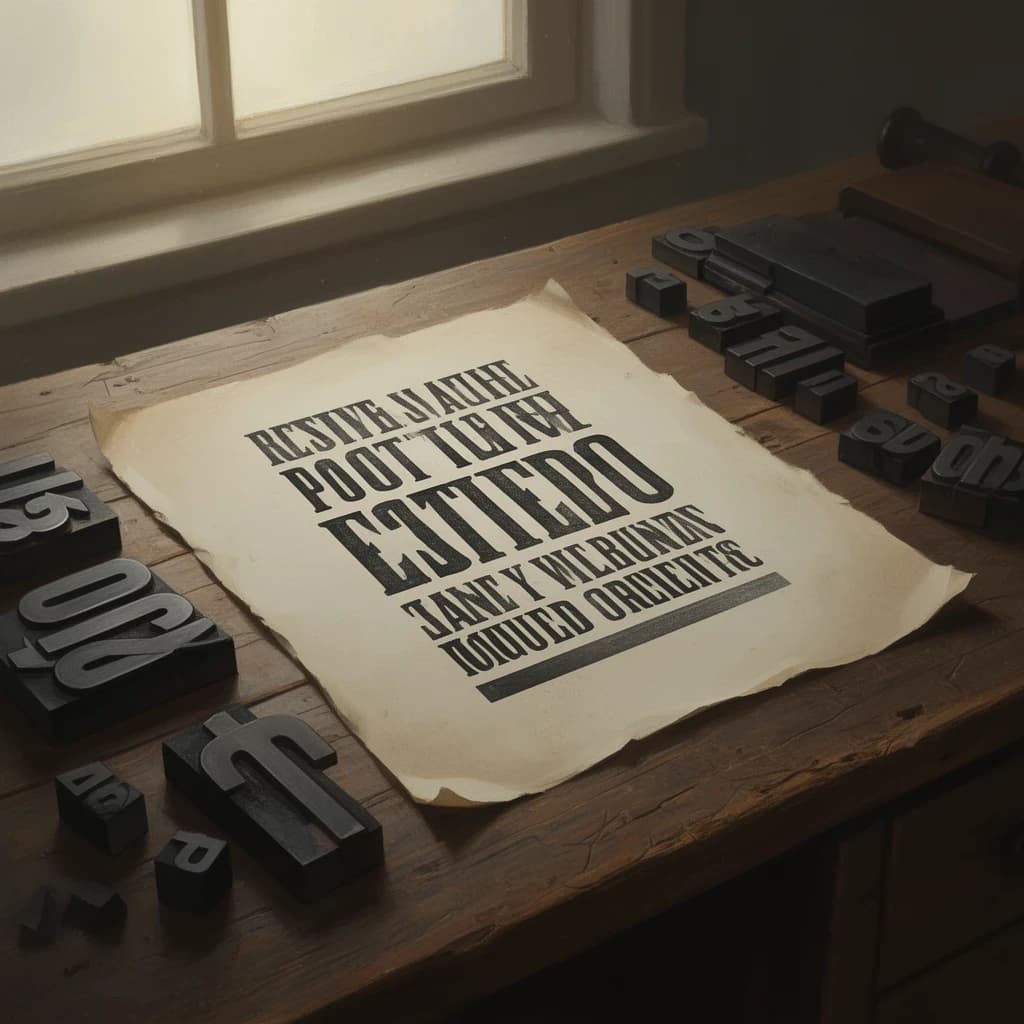 A vintage letterpress poster on a wooden desk: bold slab serif headline, tight kerning, misregistered ink, slightly worn edges, scattered metal type, soft window light.