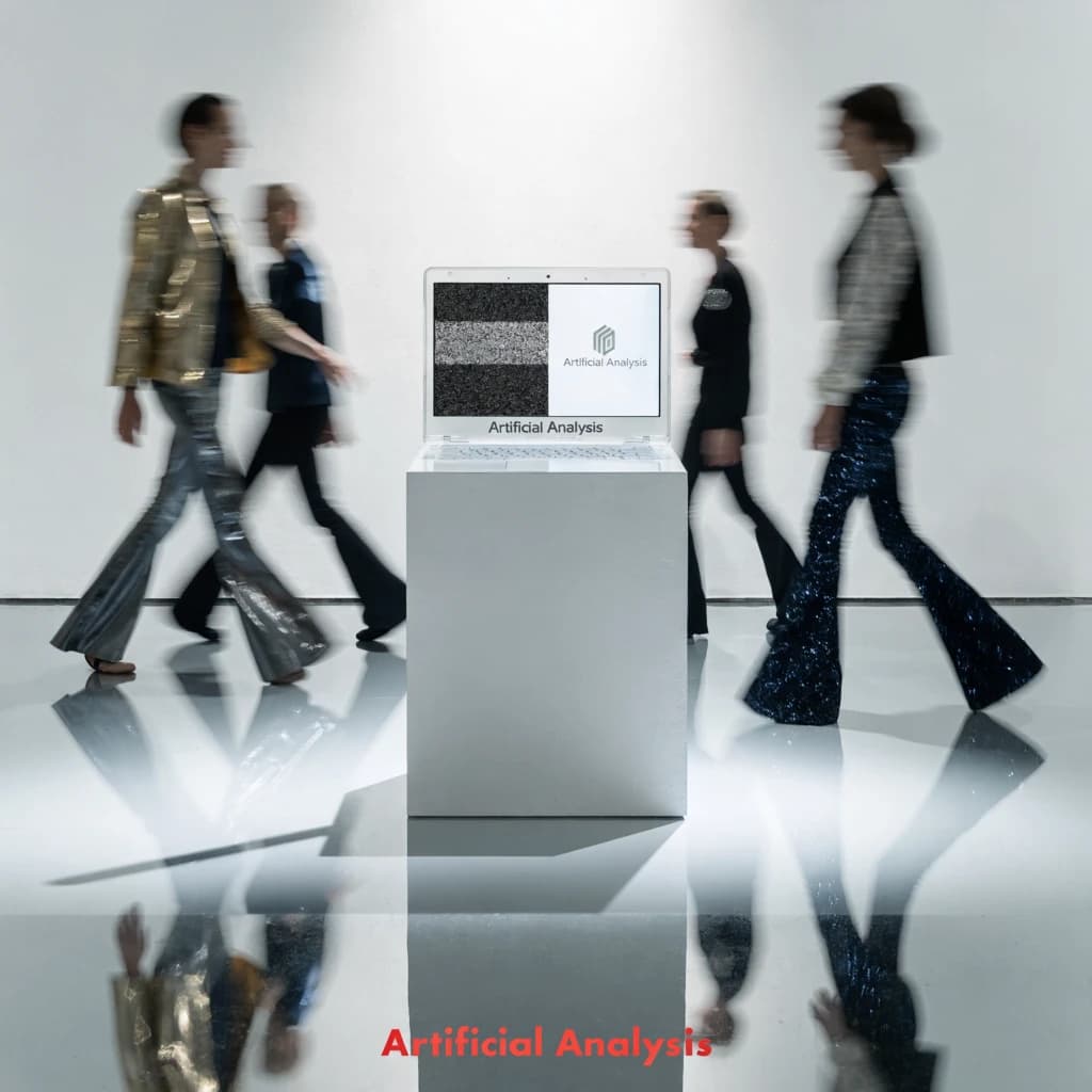 In a spotless gallery space, a pedestal supports a transparent laptop whose screen flickers between static and pristine brand imagery. Shoppers blur past in designer clothes that appear slightly outdated - bell bottoms, metallic jackets. The embossed logo “Artificial Analysis” glints silver, yet its reflection in the glass floor reads in crimson letters. A single spotlight shines, though shadows fall in two directions.