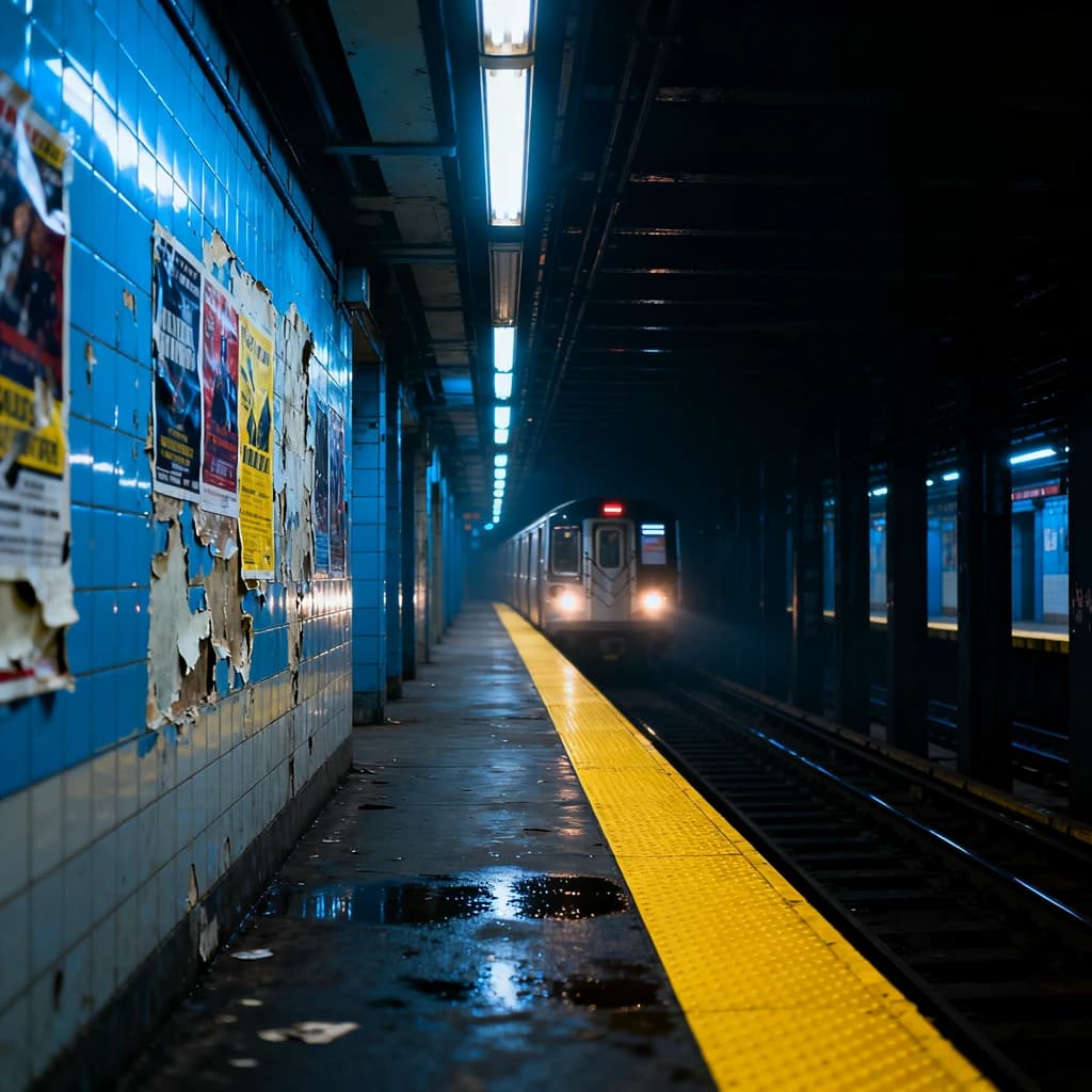 A subterranean subway platform with glossy tiles, peeling posters, flickering fluorescent lights, yellow safety line, and a distant train coming; slightly damp, echoes carry.