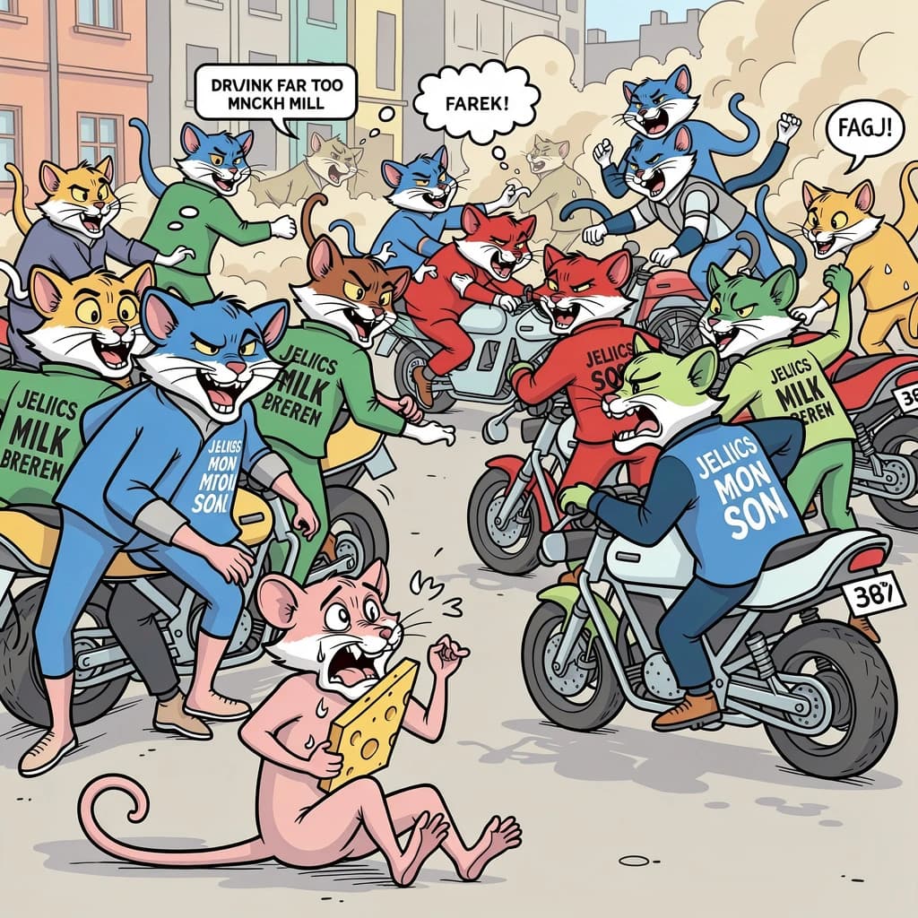 The cartoon rat clenches his thin wedge of cheese and trembles in fear as he hides from the menacing Jellicles, the roaming cat motorcycle gang, all wearing their colors with the name on the back. The cats have all drunk far too much milk and are causing a big ruckus! One cat is close to finding the rat