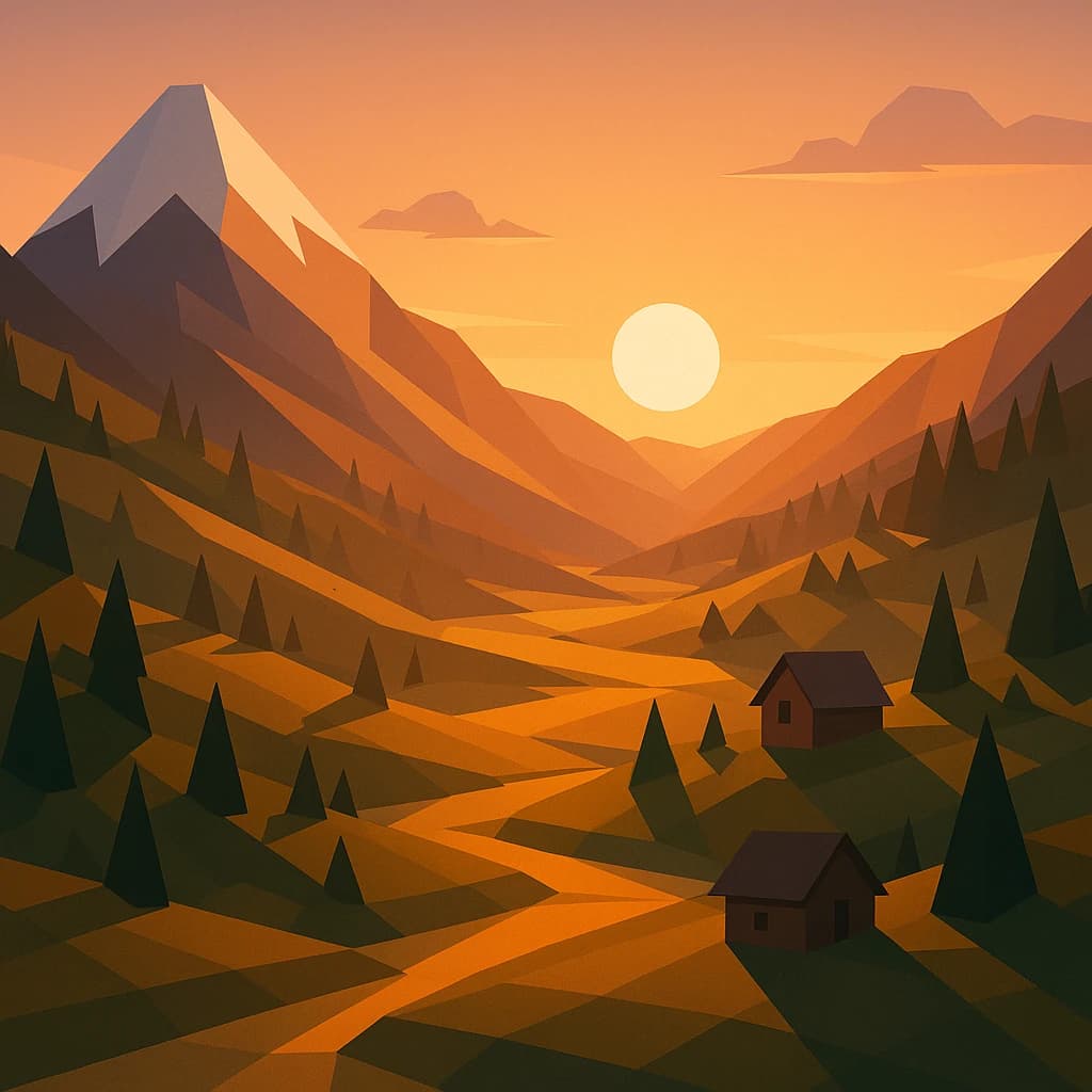 Render a low-poly alpine valley at sunset, clean gradients, long shadows.