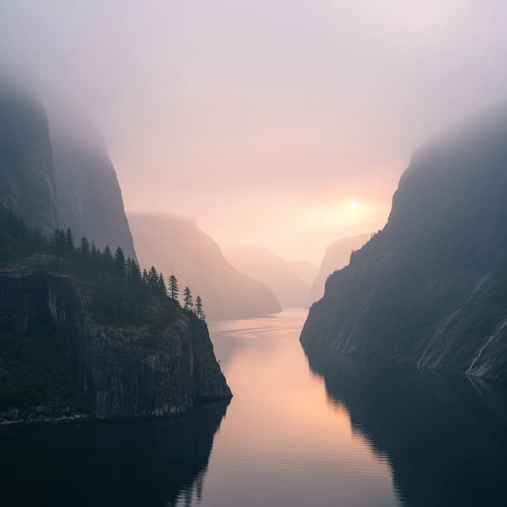 Frame a foggy fjord at sunrise, cliffs looming.