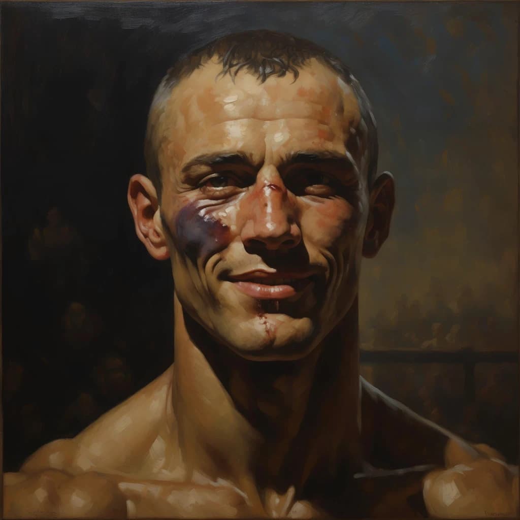 Paint a bruised boxer smiling, serious expression.