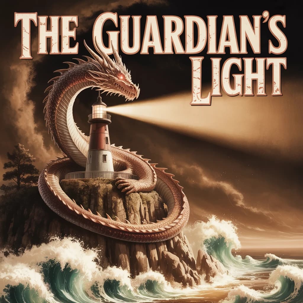 Let's do a sepia pulp cover where a dragon coils around a cliffside lighthouse.