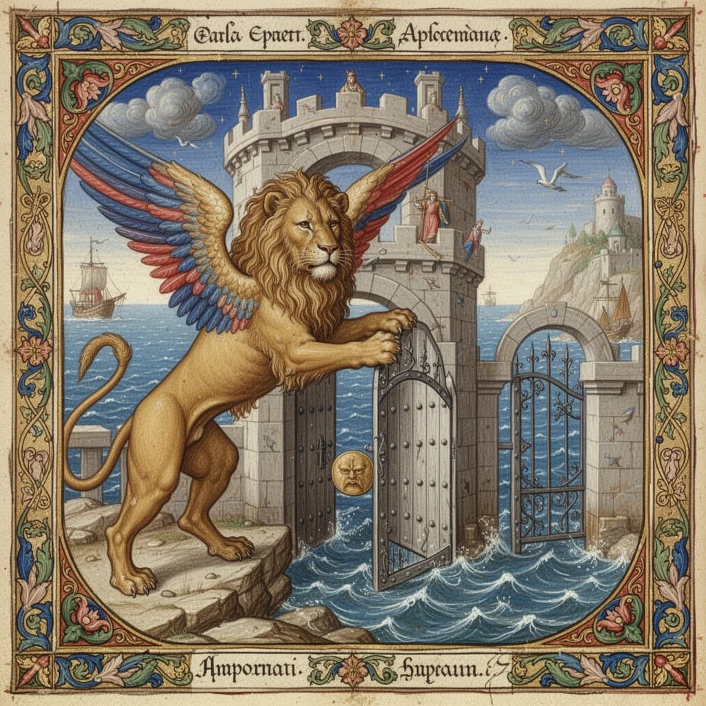 Paint an illuminated manuscript scene of a winged lion guarding a sea gate.