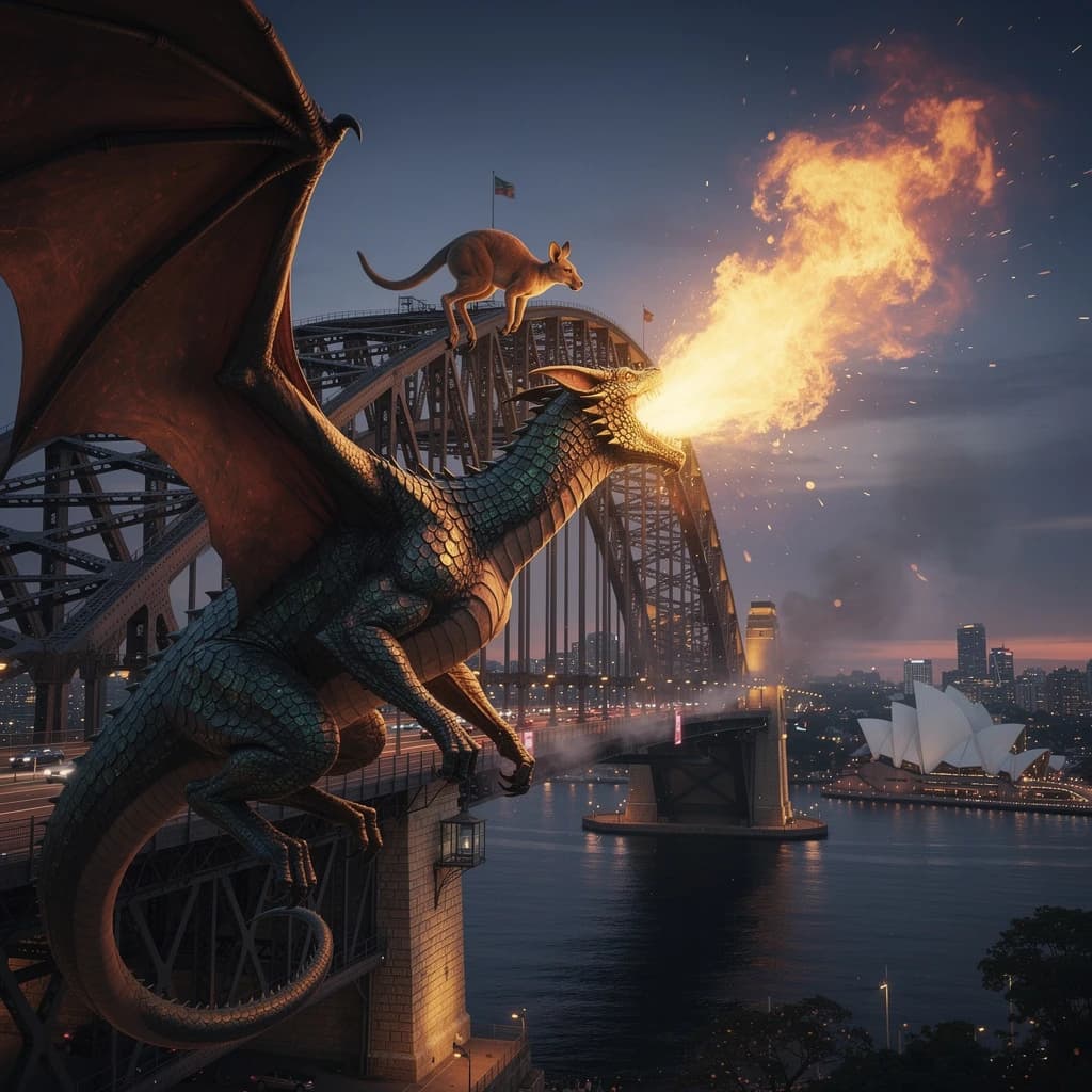 A dragon breathes fire at a kangaroo that is running away by climbing over the top of the Sydney Harbour Bridge. Opera House visible in the background.
