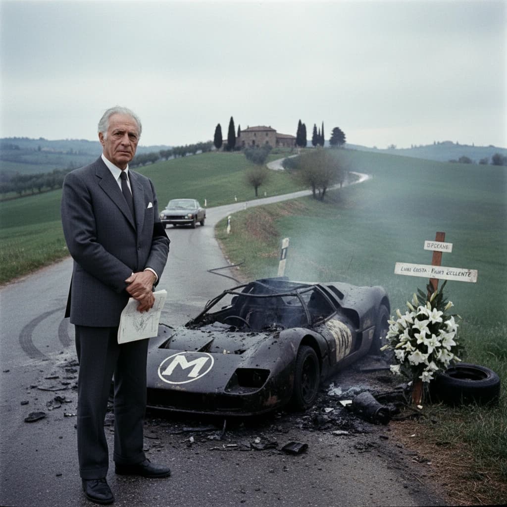Mario examines the still smouldering wreck of the crash that took his best driver on the side of the country road. He designed this car and caused this. 3 days have passed since the crash. It's 1973 in Northern Italy.