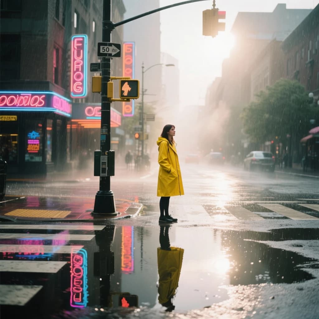A sunlit city street after rain; puddles mirror neon signs as a woman in a yellow raincoat waits at a crosswalk, soft mist, 50mm look, natural tones, a bit of film grain.