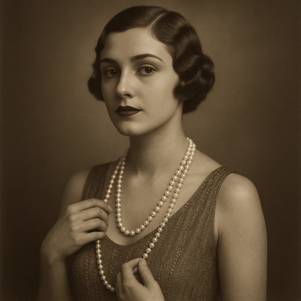 Sepia-toned studio portrait of a flapper with pearl necklace, soft grain.