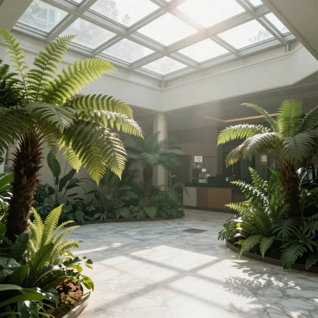 Sunlit atrium with glass ceiling, marble floor, ferns, a bit of morning haze.