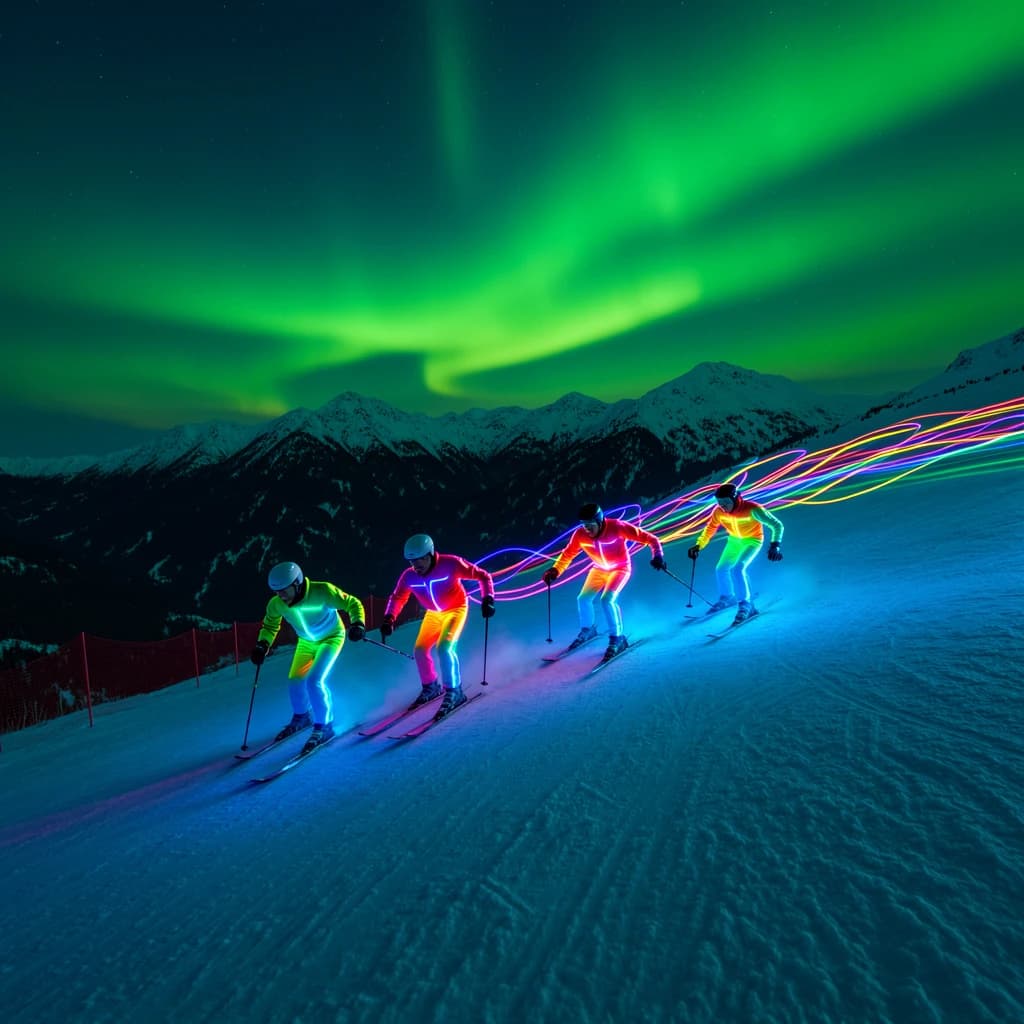 Coronet Peak Night Skiing: Skiers in colorful LED suits carve their way down the slopes of New Zealand's Coronet Peak under the Aurora Borealis, the skiers' light trails visible behind them