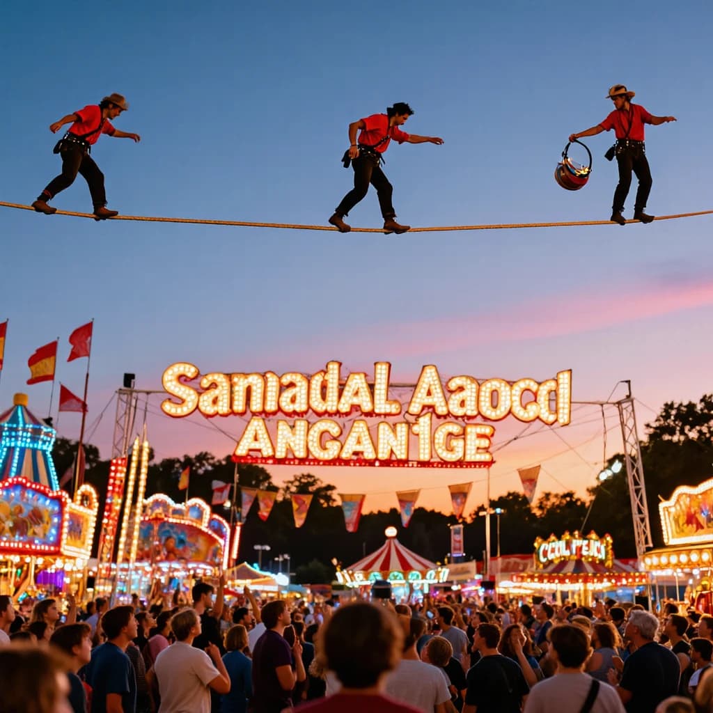 At dusk, high above a carnival crowd, three tightrope walkers balance on a single rope with no aids, one is off balance and grabbing at air. Below, the audience looks upward with baited anticipation. Artificial Analysis is spelled out in the background in carnival lights