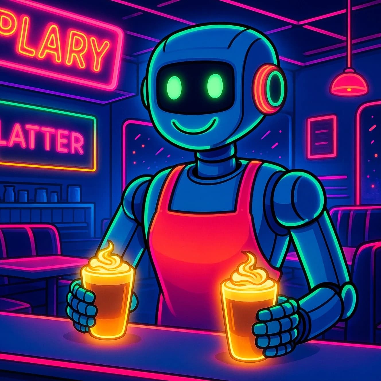 A smiling robot barista serves glowing lattes in a neon diner with bold lines.