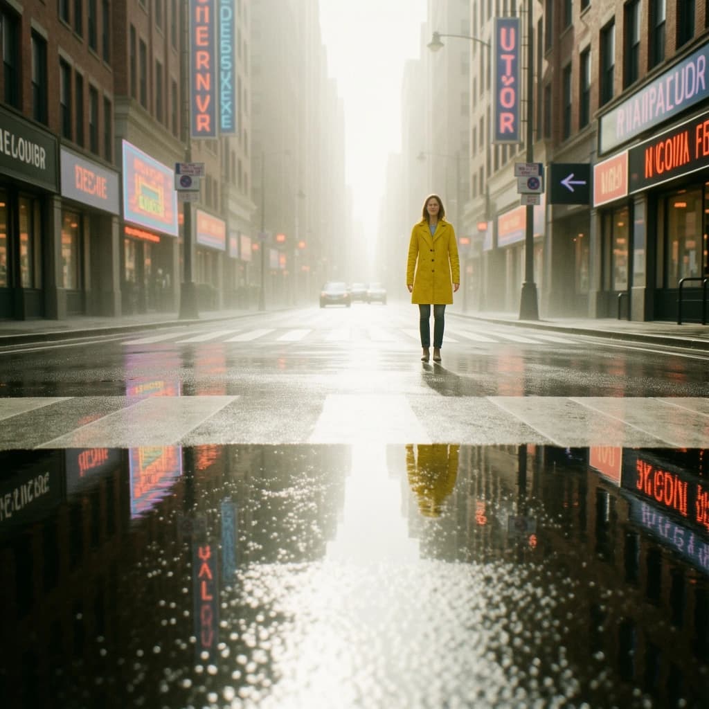 A sunlit city street after rain; puddles mirror neon signs as a woman in a yellow raincoat waits at a crosswalk, soft mist, 50mm look, natural tones, a bit of film grain.