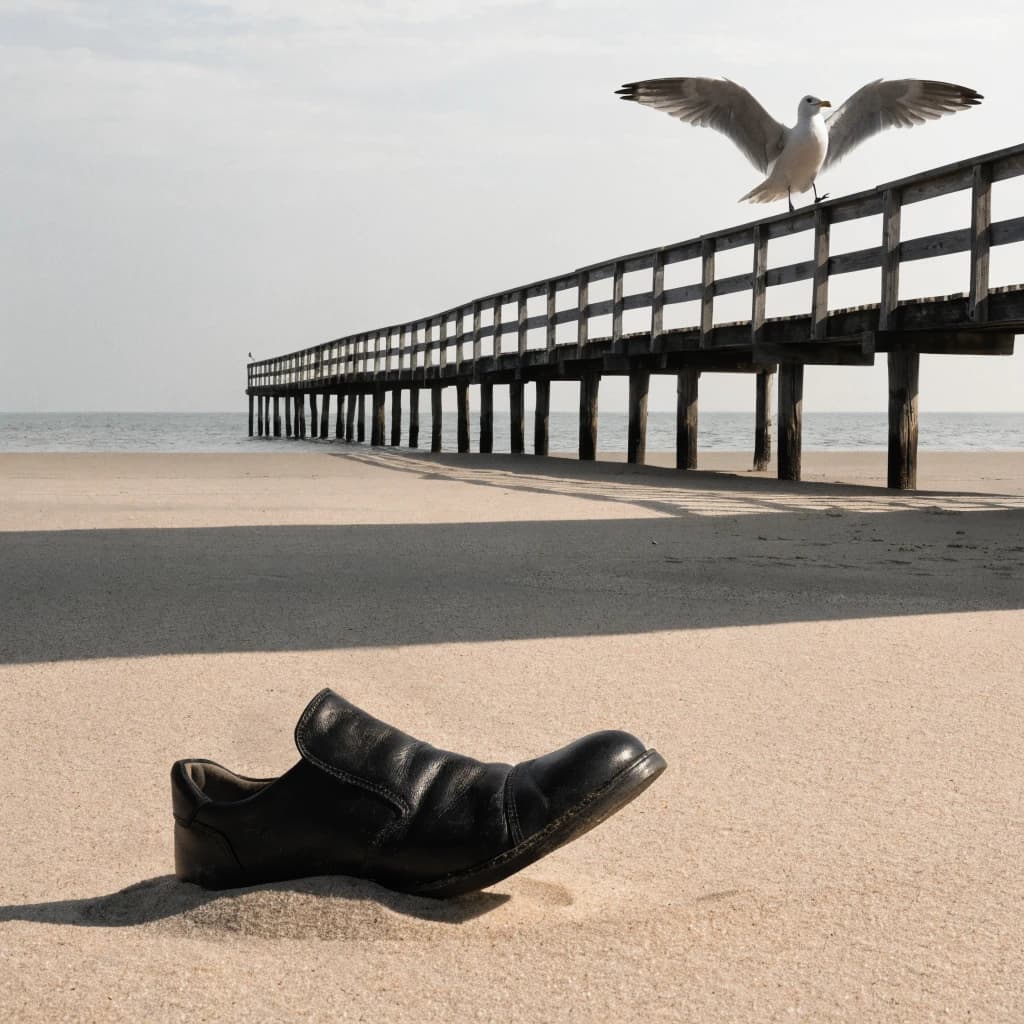 The beach is flat, sand beige, granular, no shells, except for a single left shoe, black leather, size eleven, half buried at an angle. The pier extends straight into the water, wood untreated, grain visible, though the support posts vanish before they touch the surface. The sky is uniformly gray, no clouds, yet shadows stretch at sharp diagonals. A single gull sits on the railing, wings outstretched, frozen mid-flap, no movement.