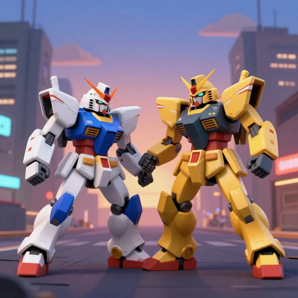 Make a cel-shaded mecha duel at dusk downtown.