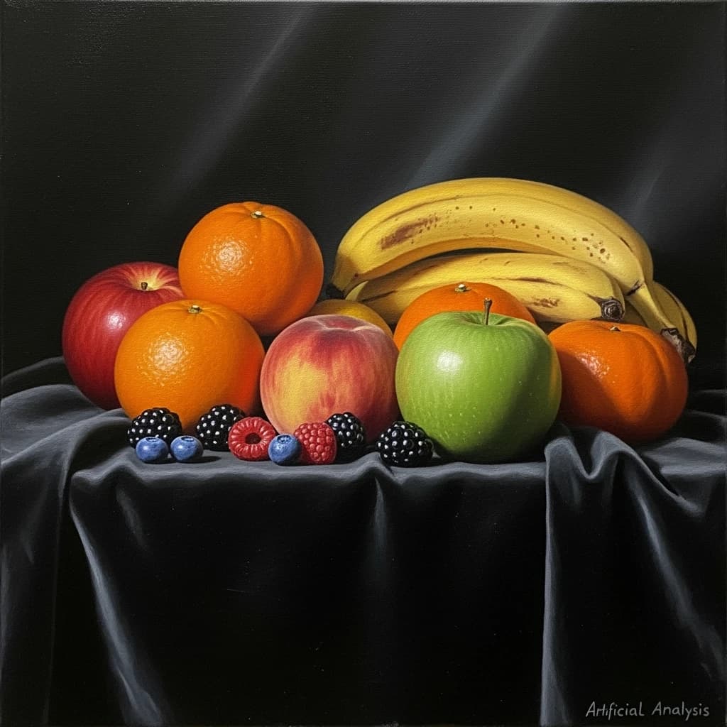 A still life scene painted oil on canvas, comprising various fruits on a black table cloth with striking lighting coming from the right out of frame, creating strong shadows. A bruised green apple is in the foreground, a peach behind it, and behind that a melange of oranges and bananas in various states of ripeness. Berries are strewn in front of the apple. The artist has signed his name "Artificial Analysis" in the bottom right corner in a hurried fashion.