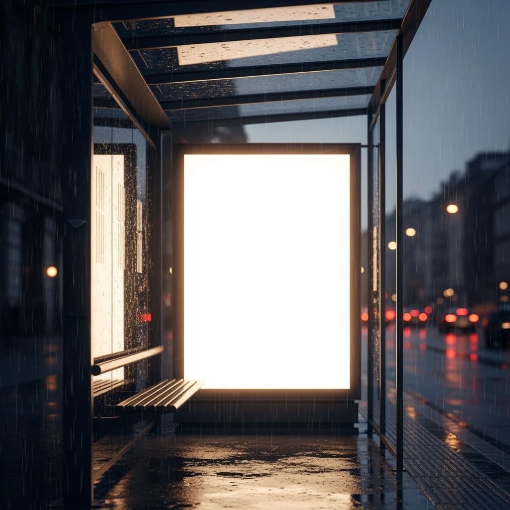Show a billboard mockup at dusk: glass bus stop shelter, glowing lightbox, blank ad panel, city blur, raindrops, space for copy, looks premium but a bit gritty.