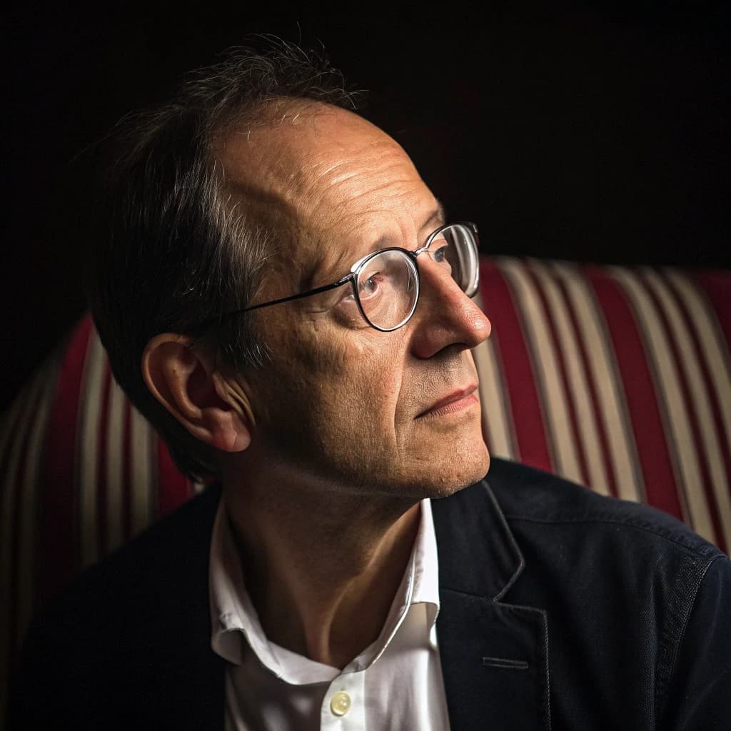 A sharply lit portrait of a middle-aged man wearing thin-rimmed glasses and a dark jacket over a white collared shirt. He gazes intently to the side, his face half illuminated by warm light while the background recedes into deep shadow. The expression is thoughtful, almost wary, as if caught mid-conversation. Behind him, a striped cushion in muted reds and blacks adds subtle texture, contrasting with the crisp highlights on his forehead and glasses. The overall mood is contemplative and cinematic, balancing warmth with tension.
